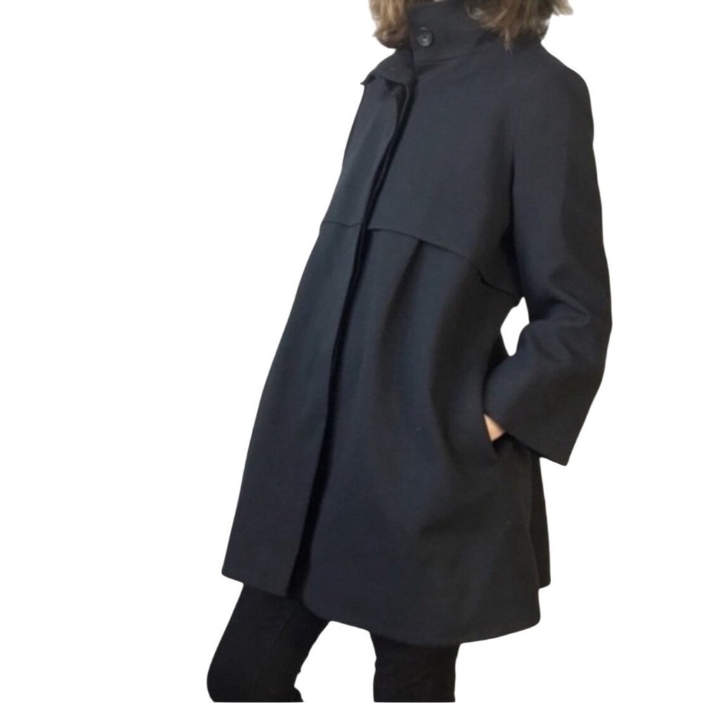 Theory Loris Craze Black Pleated Back Funnel Neck Coat Size M